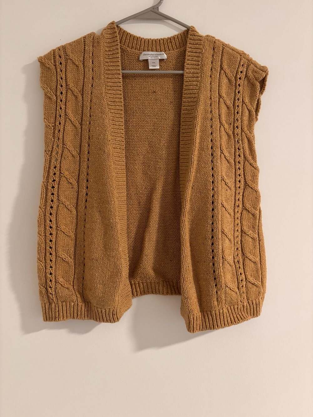 Christopher & Banks Petite Mustard Yellow Cable Knit Open Front Sweater Vest